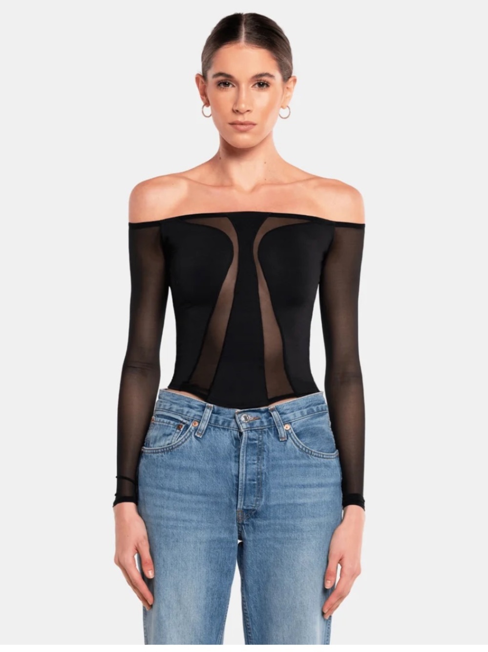 NWT OW Collection Swirl Off-the-Shoulder Black Mesh Bodysuit Top